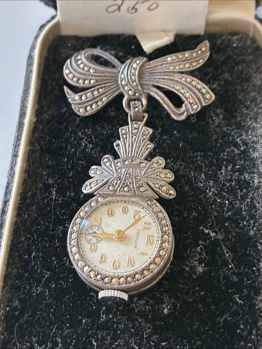 1940s Vintage Silver Marcasite Bow Lapel Watch - Silver - Picture 2 of 5